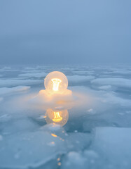 A glowing lightbulb illuminating a frozen landscape, creating a sense of wonder and innovation