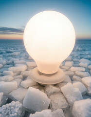 A bright orb-shaped light rests on ice. The image features a cool, blue sky in the background and a foreground of ice chunks. 