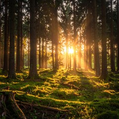 Fototapeta premium Sunlight streams through a forest