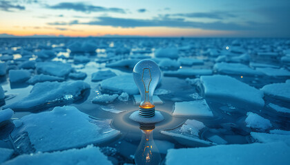 A creative lightbulb symbol stands on frozen ice. It's a metaphor for brilliant ideas amidst a cold, challenging environment