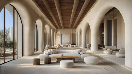 Modern minimalist interior design beige lounge with arched columns and sunlight