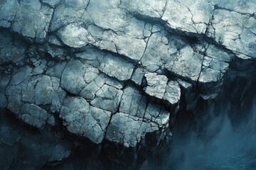 A weathered, jagged cliff face of grey-blue rocks overlooks dark, turbulent water, creating a dramatic natural texture and an imposing coastal scene.