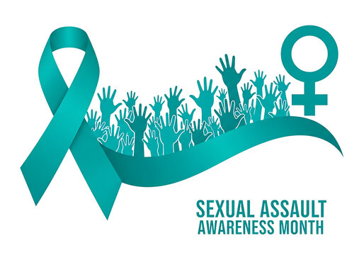 Sexual assault awareness month teal ribbon and hands isolated on transparent background
