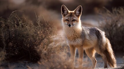 Fototapeta premium An alert desert fox stands in its arid habitat looking towards the under warm sunlight