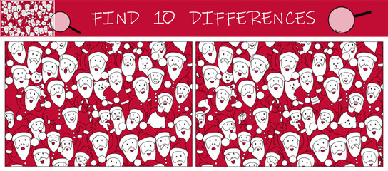 Find the differences in the picture. Crowd of Santa Clauses. Find hidden objects in the picture. Christmas puzzle game for kids. Sketch vector illustration