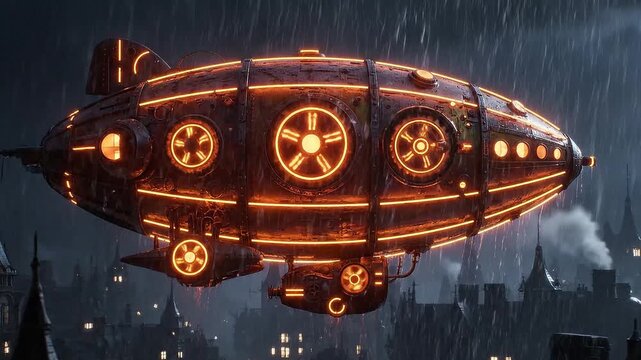 Steampunk airship navigates stormy night over gothic cityscape, glowing with warm internal lights
