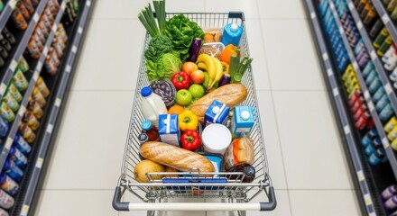 Grocery cart brimming with fresh produce and staple items in aisle, overflowing with breads, vegetables, and dairy products.