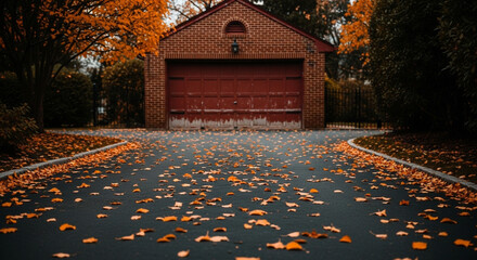 Experience the beauty of autumn with golden leaves blanketing a driveway leading to a charming brick garage on a cozy, crisp fall day