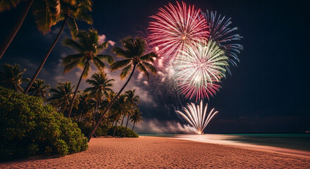 Stunning fireworks illuminate the tropical beach at night, celebrating a special occasion with vibrant colors and palm trees against the dark sky