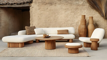 Modern wooden outdoor furniture set neutral colors relaxed style