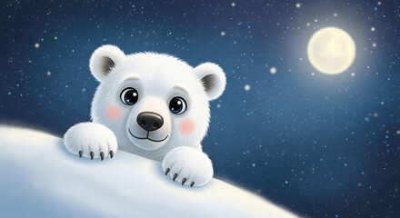 Adorable polar bear cub gazing at the moon with twinkling stars, a heartwarming winter scene perfect for children's books and seasonal greetings