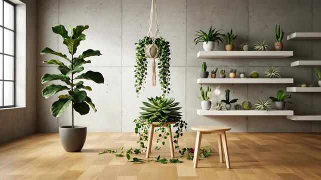 Urban Jungle Concept with Various Houseplants in a Modern Minimalist Interior