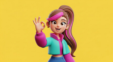 Cheerful cartoon girl gives an enthusiastic OK sign, radiating positivity and playful charm against a vibrant yellow backdrop, perfect for youth marketing