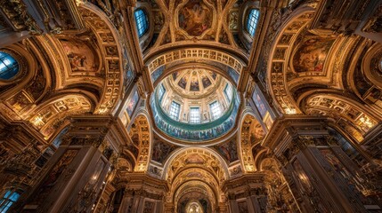 Ornate Cathedral Vault, Majestic Interior, Golden Light and Architectural Detail.