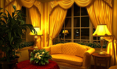 Elegant yellow room interior with sofa and curtains