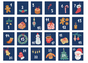 Hand drawn Christmas advent calendar with numbered square boxes featuring holiday symbols like gifts, gingerbread cookies, ornaments, tree, and Santa Claus.