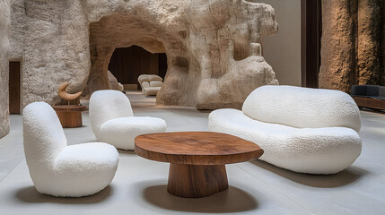 Modern minimalist living room interior with white fluffy sofa and armchairs