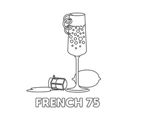 French 75 cocktail in champagne glass with lemon and cork, outlined for coloring pages