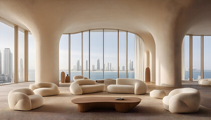 Modern apartment interior with panoramic city view beige furniture