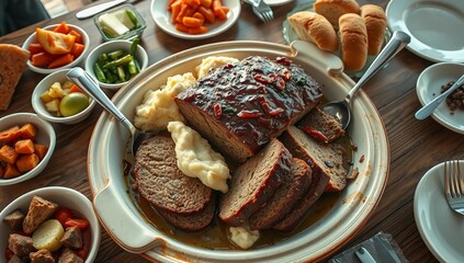 platter sharing family style cozy warm casual meatloaf mashed potatoes dinner comfort food  

