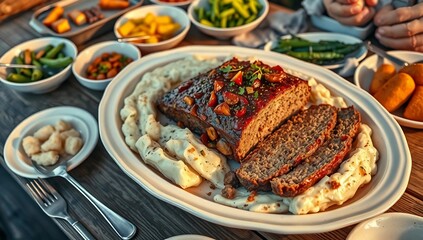 meatloaf mashed potatoes family style dinner platter sharing casual cozy comfort food warm  
