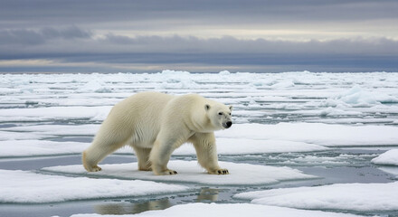 Majestic polar bear walking on icy landscape, symbolizing arctic wildlife, climate change, and the urgent need for environmental conservation
