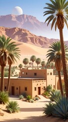 Desert oasis with a building and palm trees under a bright sky