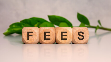 wooden cubes spelling FEES on glossy desk with green leaf background representing finance concept