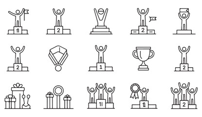 Collection of award and victory line icons showing medals, trophies, podiums, and recognition symbols for success and competition