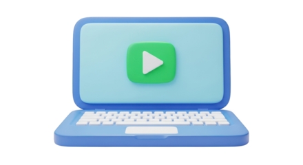 Laptop with play button isolated on transparent background in blue color scheme