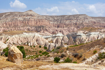Volcanic rock formations landscape in Cappadocia, place of residence of ancient Christians