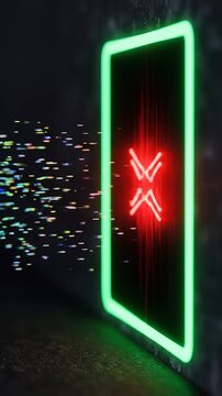 Futuristic digital portal with neon lights and data transfer effect.