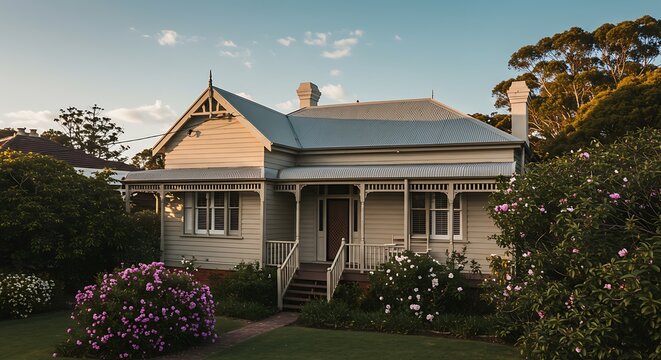 Charming house exterior with landscaped garden under cloudy sky - Powered by Adobe
