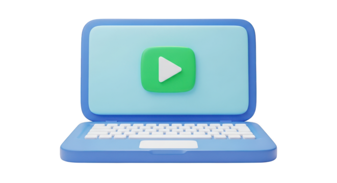 Laptop with play button isolated on transparent background in blue color scheme