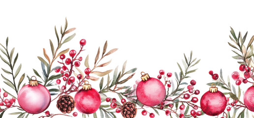 PNG Christmas pink border illustration watercolor ornaments.