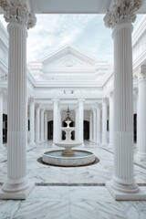 Fototapeta premium Serene White Courtyard with Classic Columns and Fountain.