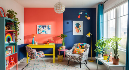 Inspiring home office with vibrant colors and eclectic decor for creative professionals seeking a dynamic and joyful workspace design inspiration