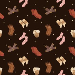 Seamless repeating pattern with warm knitted socks in multiple colors on a dark background, perfect for winter, cozy home design, gift wrapping paper, and seasonal textile decoration.