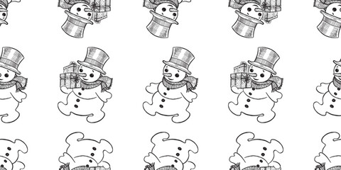 Christmas snowmen, gift boxes, seamless patterns, vector, outline hand drawn backgrounds, paper, wrapper, wallpaper
