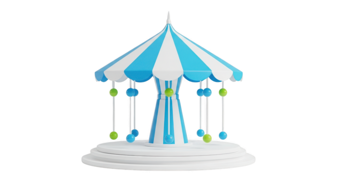 3d rendering of a carousel with blue and white stripes isolated on transparent background