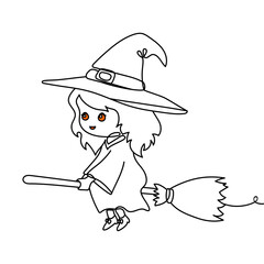 Outline of the profile of a chibi little witch in a pointy hat flying on a broomstick in one line. Cute Halloween illustration. Funny monster
