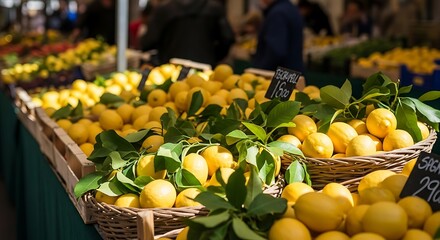 Fresh Lemons at a Market Stall.