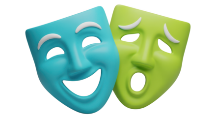 Comedy and tragedy masks isolated on transparent background representing theatre