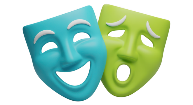 Comedy and tragedy masks isolated on transparent background representing theatre