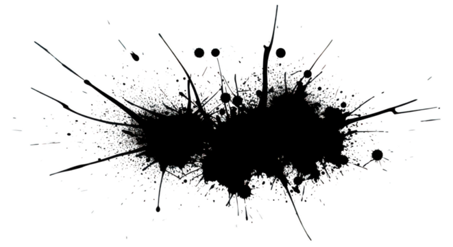 Black ink splatter with drops isolated on transparent background
