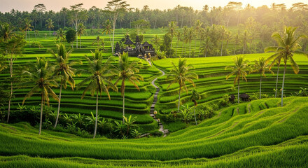 Stunning panoramic view of vibrant green rice terraces cascading down hillsides with palm trees and a traditional temple at sunrise