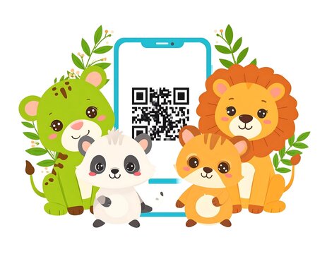 Charming Animal Friends Gather Around a Smartphone with a Digital QR Code.