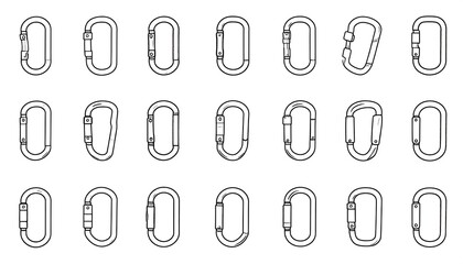 A collection of various monochrome carabiners in different designs and locking mechanisms arranged in a grid
