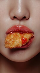 Close-up of a person eating crispy fried food with sauce in urban setting during evening hours