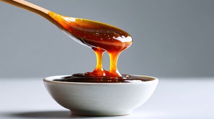 Sweet and sticky sauce drips from a wooden spoon into a small bowl on a smooth surface
